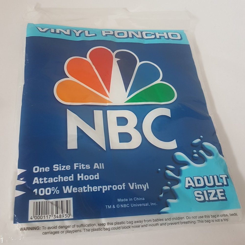 Brand New NBC UNIVERSAL. Inc. Vinyl Poncho Adult Size RARE Weatherproof Vinyl